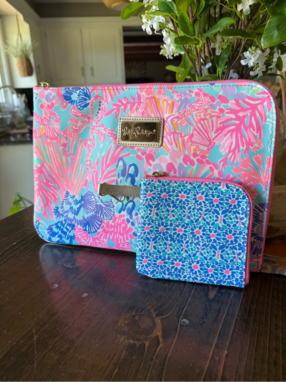 Lilly Pulitzer Pink Aqua Floral Zip Cosmetic Pouch Duo or tablet case